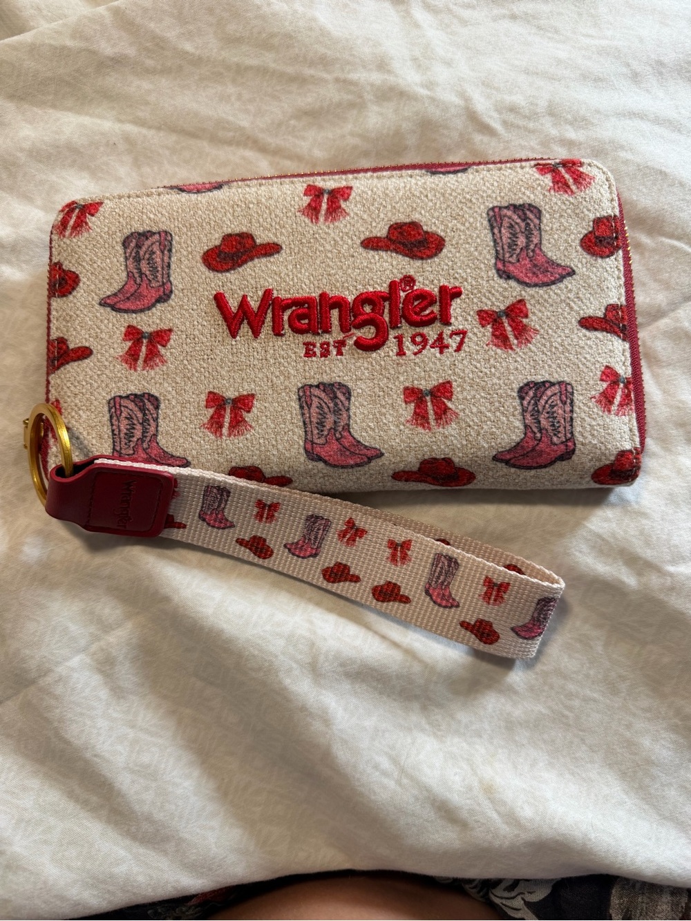 Wrangler Cream Canvas Tote with Red Trim and Pink Boot Print & Matching Wallet